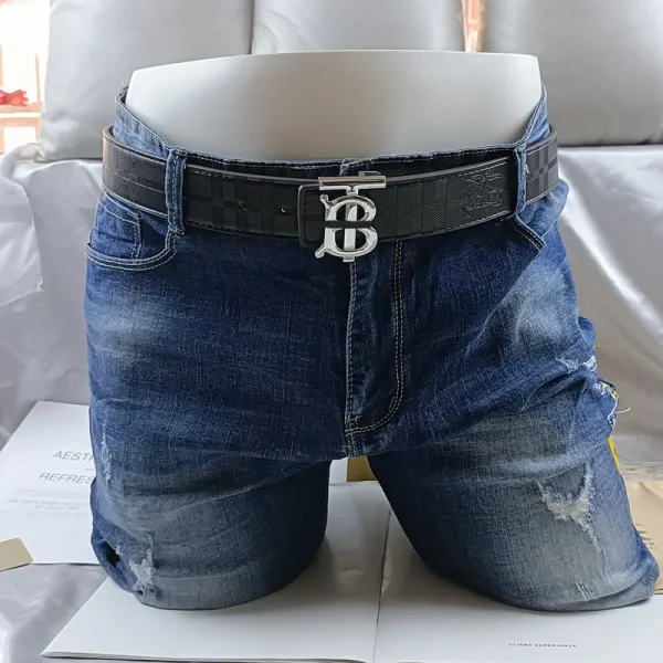 Burberry Logo Buckle Belt with Croc-Embossed Leather and Distressed Denim Shorts - 1