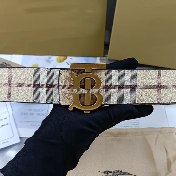 Burberry TB Monogram Check Belt Beige Leather Belt - 1