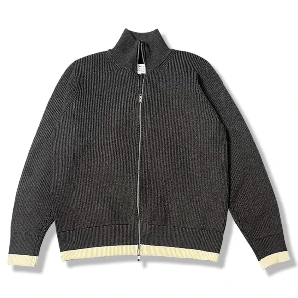 Maison Margiela Ribbed Zip-Up Sweater Jacket in Charcoal with Cream Trim - 4