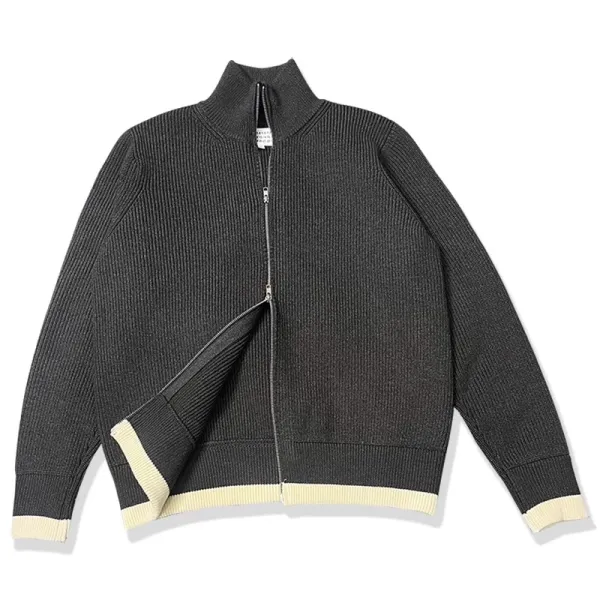 Maison Margiela Ribbed Zip-Up Sweater Jacket in Charcoal with Cream Trim - 7