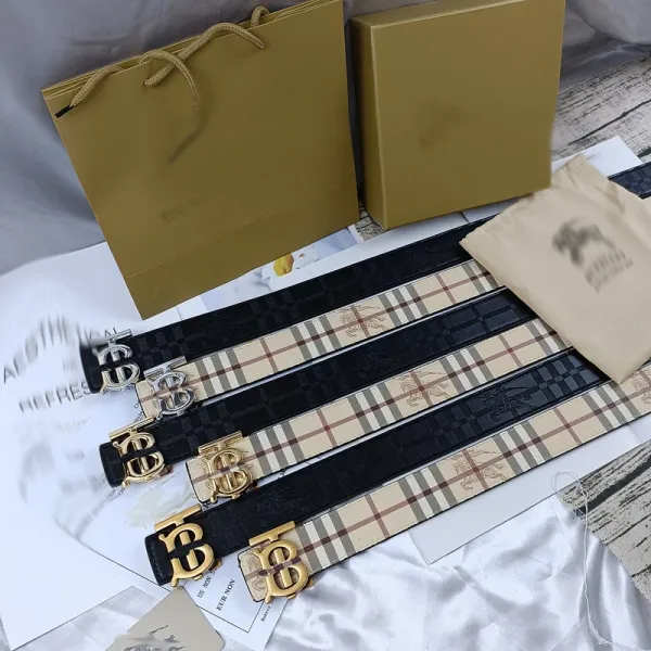 Burberry Check Belt with TB Logo in Beige and Brown Paired with Distressed Blue Jeans - 2