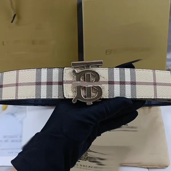 Burberry TB Shield Check Belt Beige Leather Belt - 1