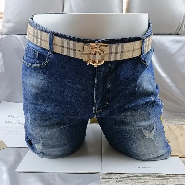 Burberry Check Belt with TB Logo in Beige and Brown Paired with Distressed Blue Jeans - 8