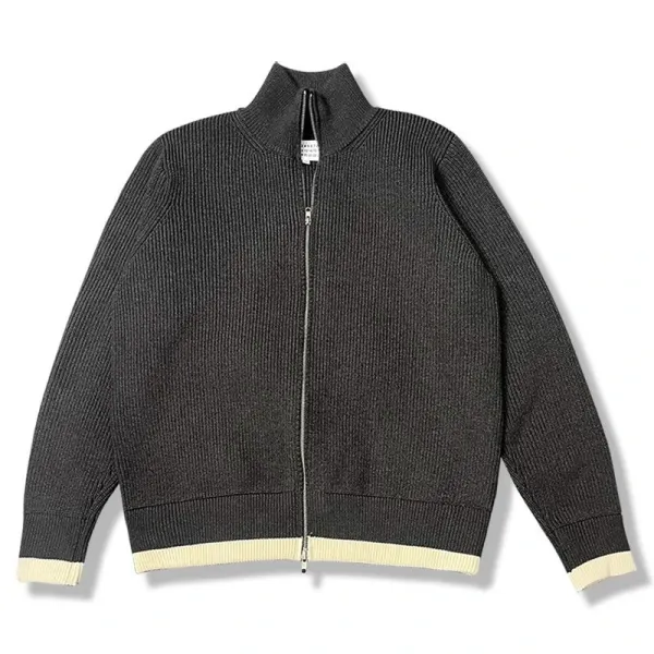 Maison Margiela Ribbed Zip-Up Sweater Jacket in Charcoal with Cream Trim - 1