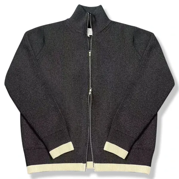 Maison Margiela Ribbed Zip-Up Sweater Jacket in Charcoal with Cream Trim - 6