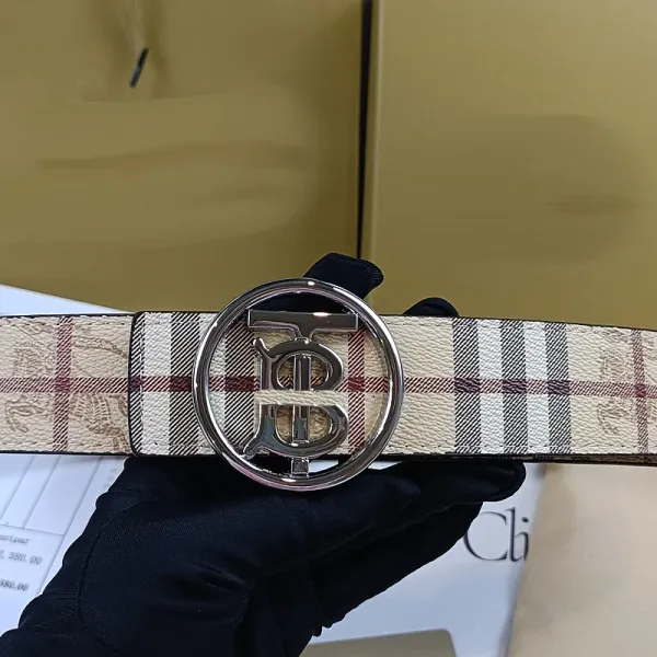 Burberry TB Monogram Check Belt Beige Leather Belt - 1