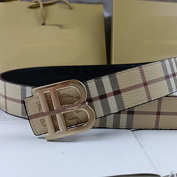 Burberry Check Belt with TB Logo in Beige and Brown Paired with Distressed Blue Jeans - 3