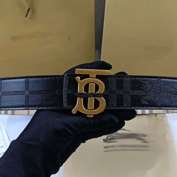 Burberry Check Belt with TB Logo in Beige and Brown Paired with Distressed Blue Jeans - 16