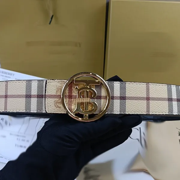 Burberry Check Belt with TB Logo in Beige and Brown Paired with Distressed Blue Jeans - 6
