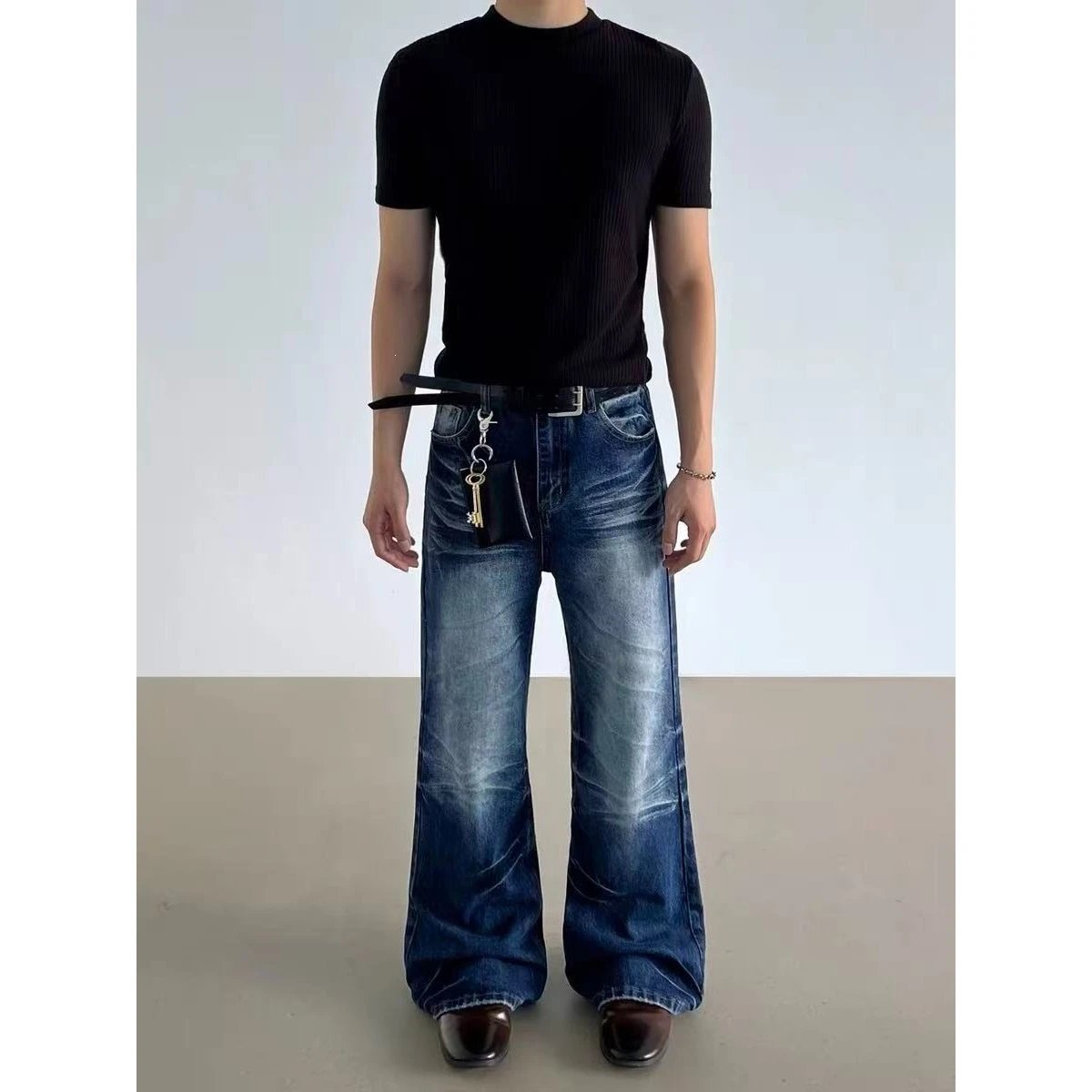 American Retro Versatile Washed Cat Whisker A-Line Dark Blue Jeans Unisex Fashionable Slightly Flared Straight Casual Pants