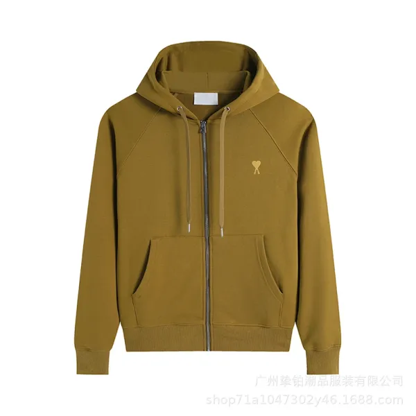 Ami Paris Heart Logo Olive Green Zip-Up Hoodie - 1