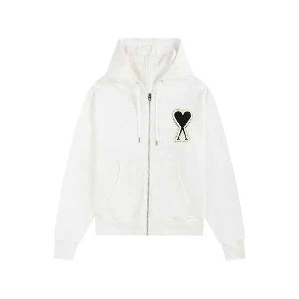 Ami Paris Heart Logo Zip-Up Hoodie White - 1