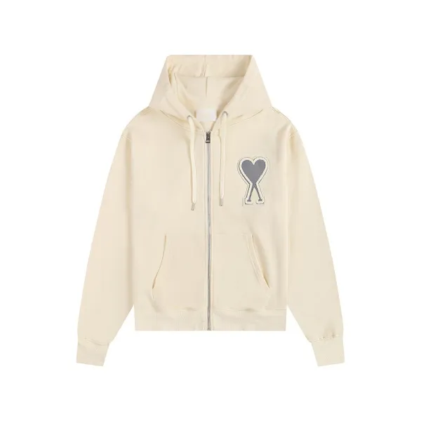 Ami Paris Heart Logo Zip-Up Hoodie Beige - 1
