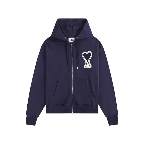 Ami Paris Heart Key Zip-Up Hoodie Navy - 1