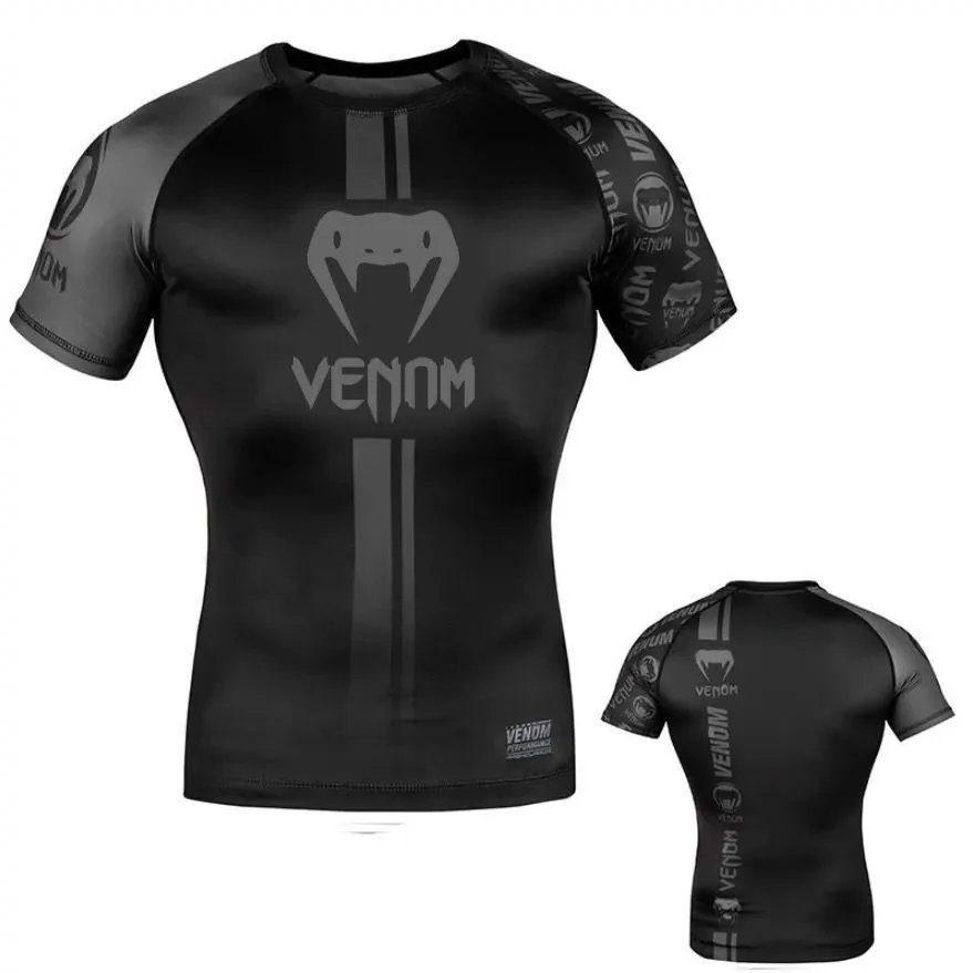 Venum Boxing shorts and short-sleeve compression shirts — 4#Gray-striped short sleeve