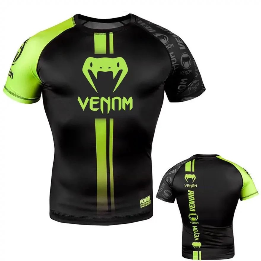 Venum Boxing shorts and short-sleeve compression shirts — 2#Green-striped short-sleeve