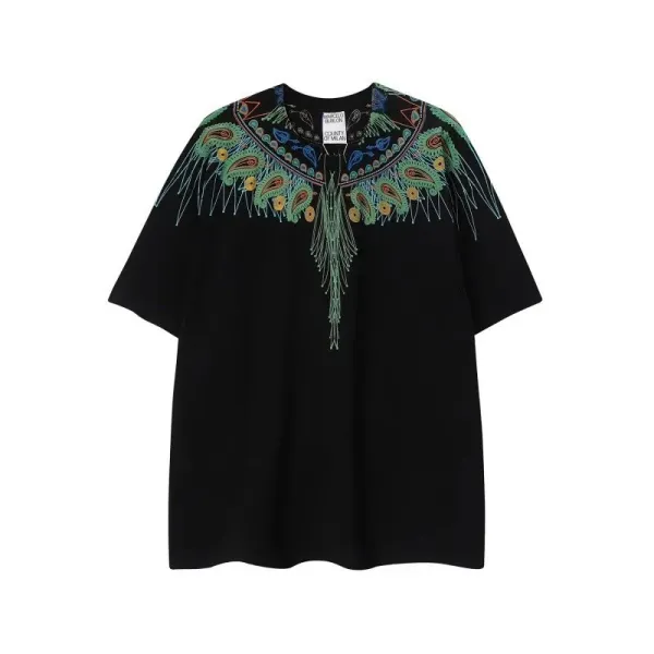 Saint Tears Feather Print Oversized Black T-Shirt - 49