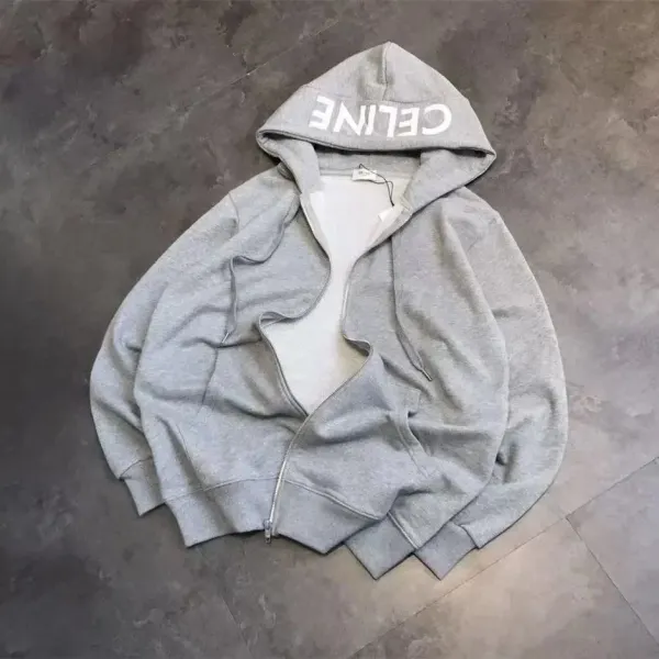 Celine Logo Hooded Zip-Up Sweatshirt Gray - 1