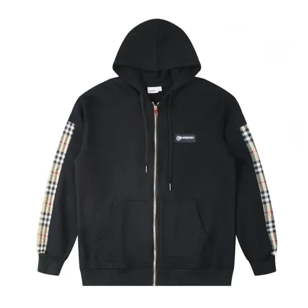 Burberry Check-Sleeve Zip-Up Hoodie Black - 1