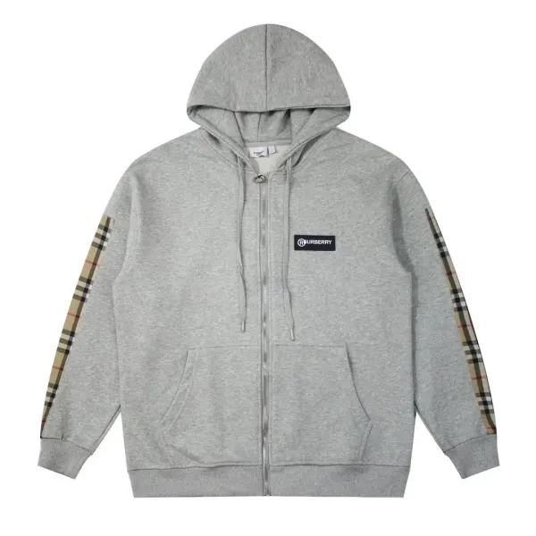 Burberry Classic Check-Trim Zip-Up Hoodie Gray - 1