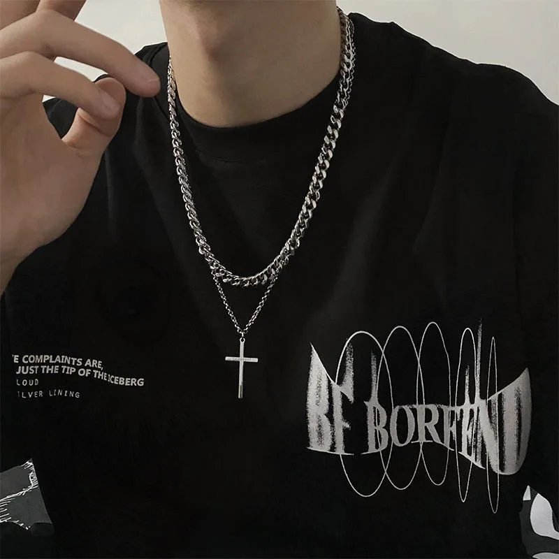 Men's Hip-Hop Layered Cross Necklace - Trendy Niche Design Cuban Chain in Titanium Steel, Medium-Long Thick Style
