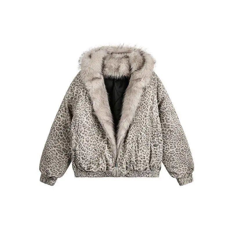 Winter New Product Real Shot American Street Trendy Seat Mountain Carving Leopard Pattern Hooded Cotton Jacket
