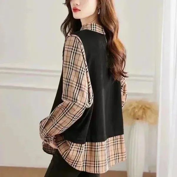 Burberry-Inspired Plaid Layered Shirt-Vest Top Beige Black - 1