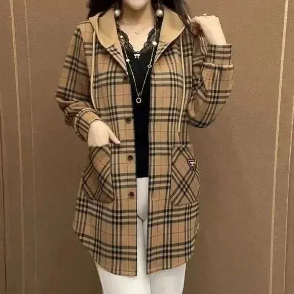 Burberry-Style Plaid Hooded Coat Beige Multicolor Outerwear - 1