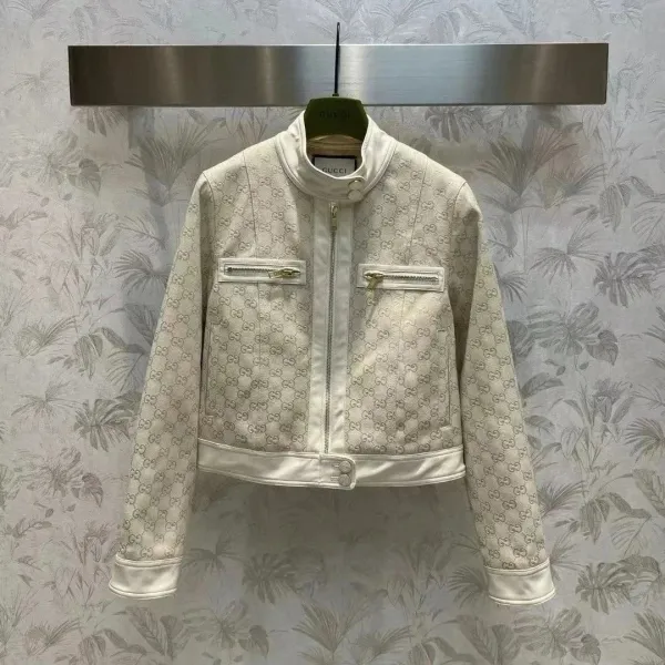 Gucci GG Marmont Motif Leather Jacket Beige Outerwear - 1