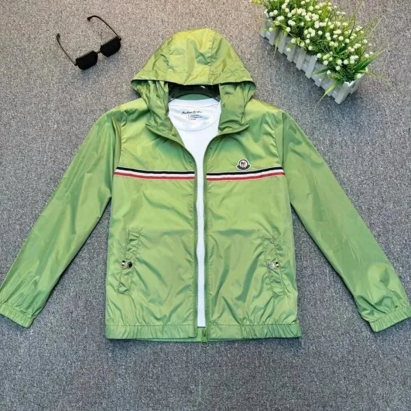 Moncler Windbreaker Jacket in Lime Green with Logo Patch and Striped Trim - 1