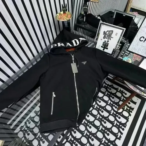 Prada Logo Hooded Zip-Up Black Hoodie - 1
