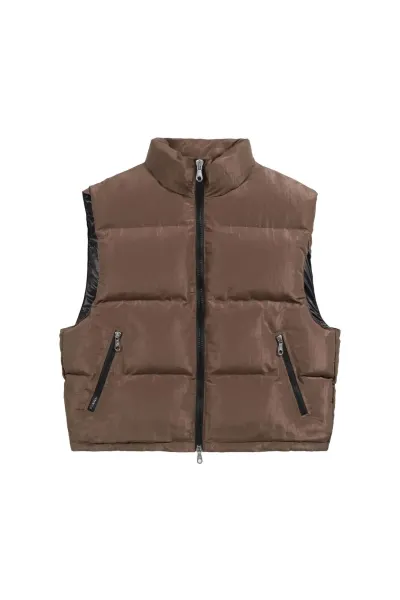 Design Puffer Vest Brown with Contrast Side Panels - 1