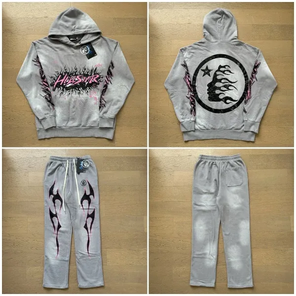 Hellstar Flame Graphic Hoodie and Sweatpants Set Gray - 1