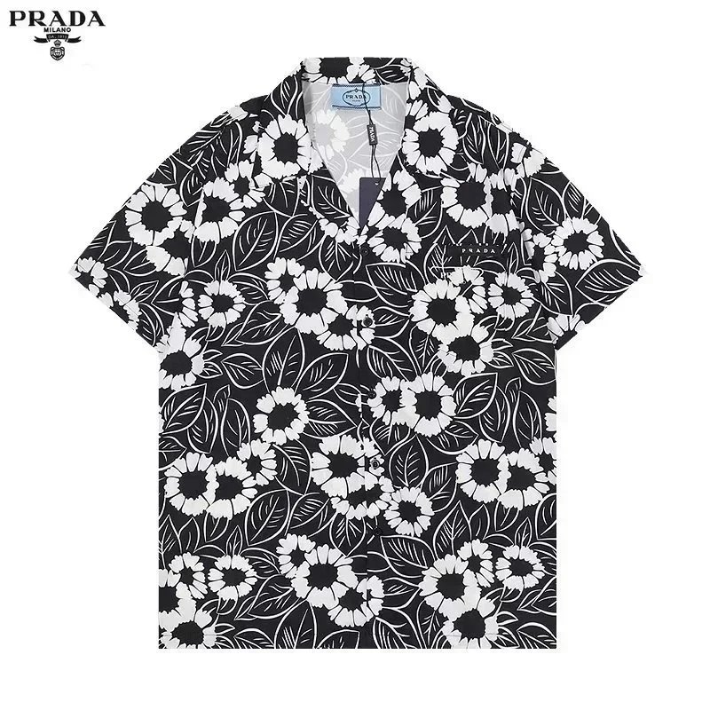 Prada Floral Print Short-Sleeve Shirt Black and White - 1