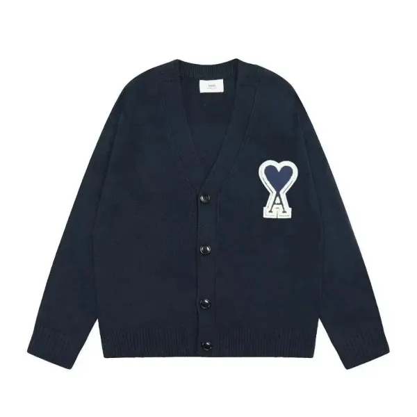 Ami Paris Heart Logo Navy Cardigan - 1