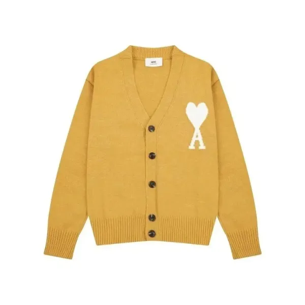 Ami Paris Heart Logo Cardigan Mustard Yellow Knit Cardigan - 1
