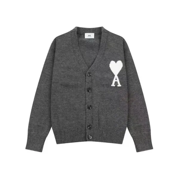 Ami Paris Heart Logo Cardigan Gray - 1