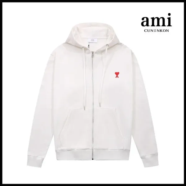 Ami Paris Heart Logo Zip-Up Hoodie White - 1
