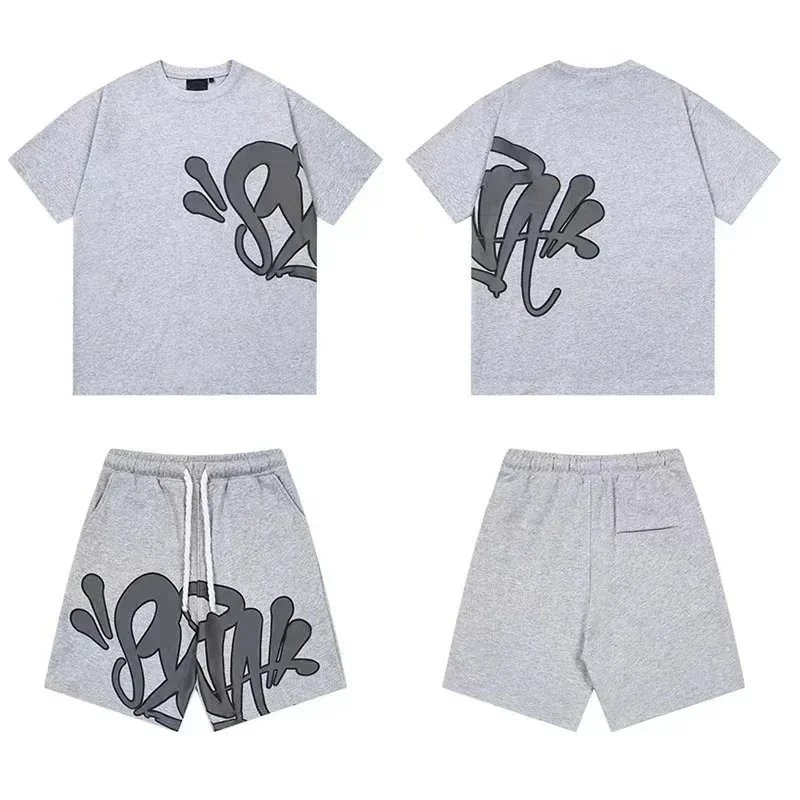 Off-White Graffiti Print Gray T-Shirt and Shorts Set - 1