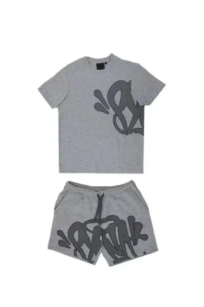 Off-White Graffiti Print Gray T-Shirt and Shorts Set - 1