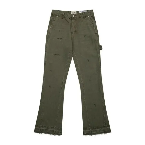 Gallery Dept x Unknown Artist Distressed Army Green Flared Jeans - 1