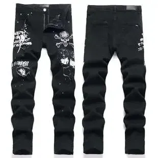 Philipp Plein Skull Print Distressed Black Jeans - 1