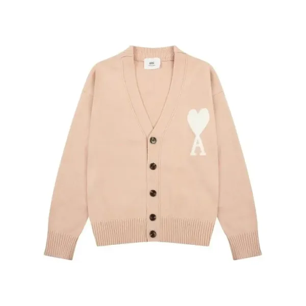 Ami Paris Heart Logo Cardigan Beige Sweater - 1