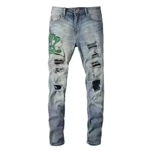 Philipp Plein Cobra Embroidered Distressed Slim Fit Jeans - 1