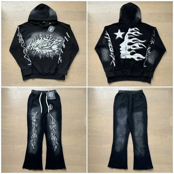 Hellstar Records Flame Print Hoodie and Flared Sweatpants Set Black - 1