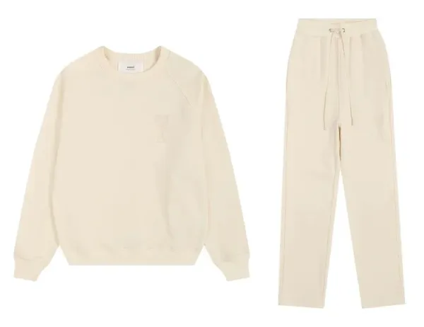 Ami Paris Logo Embroidered Beige Sweatshirt and Sweatpants Set - 1