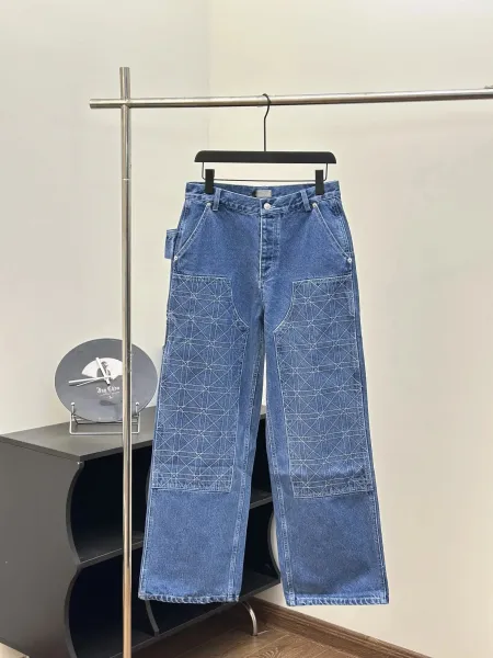 Dior Men's Oblique Stitched Patchwork Jeans Blue - 1