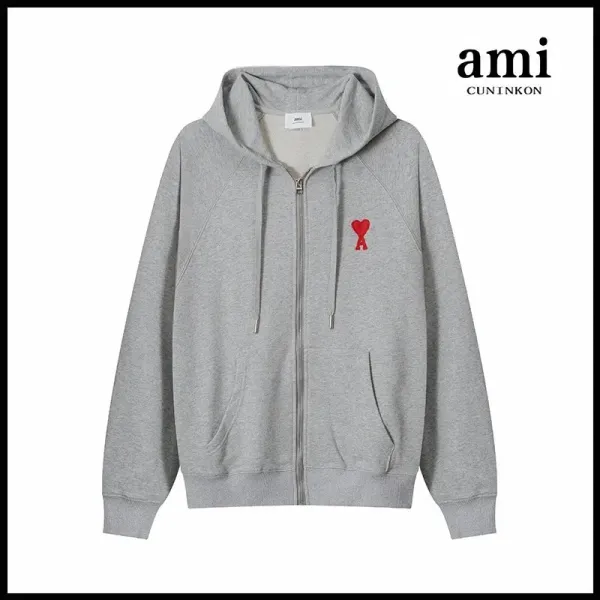Ami Paris Heart Logo Zip-Up Hoodie Gray - 1