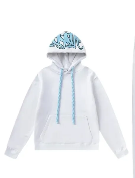 Design Graffiti Hoodie White with Light Blue Drawstrings - 1