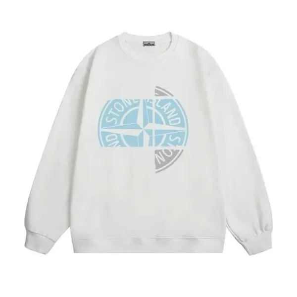 Stone Island Compass Logo Print White Hoodie - 1